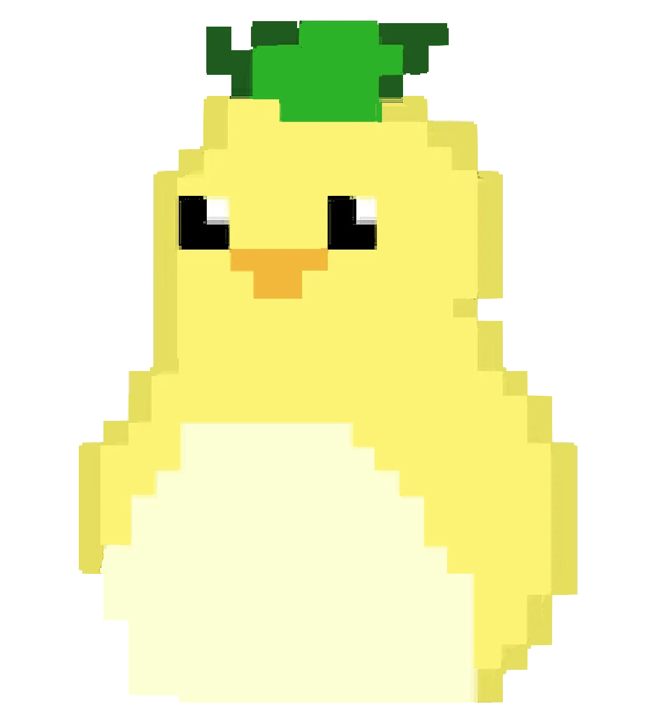 A pixelated large yellow bird with a leaf on its head.